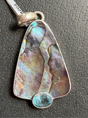 Marta Howell Sterling Silver Haliotis Iris Abalone Shell Pendant with Blue Topaz